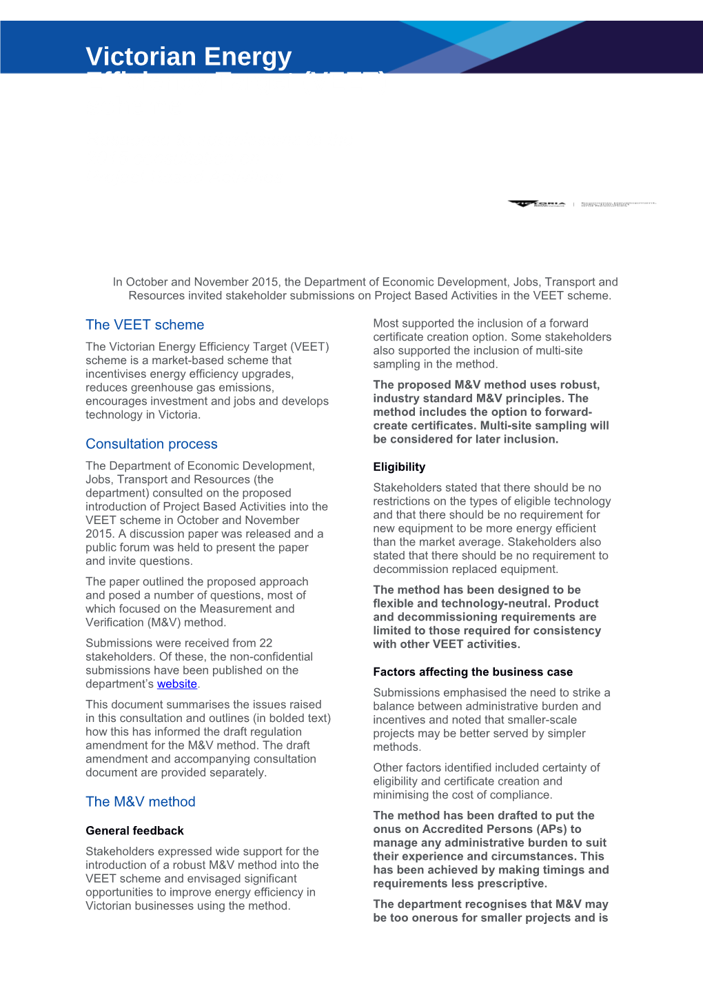 Victorian Energy Efficiency Target (VEET) Scheme Response to Submissions to the 2015