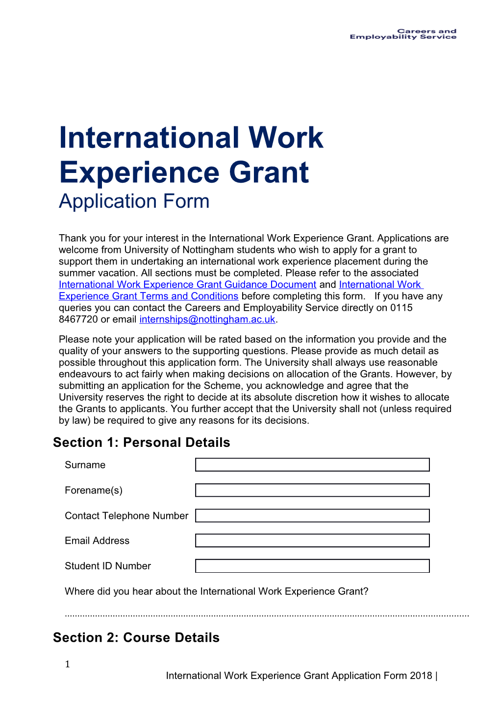 International Work Experience Grant