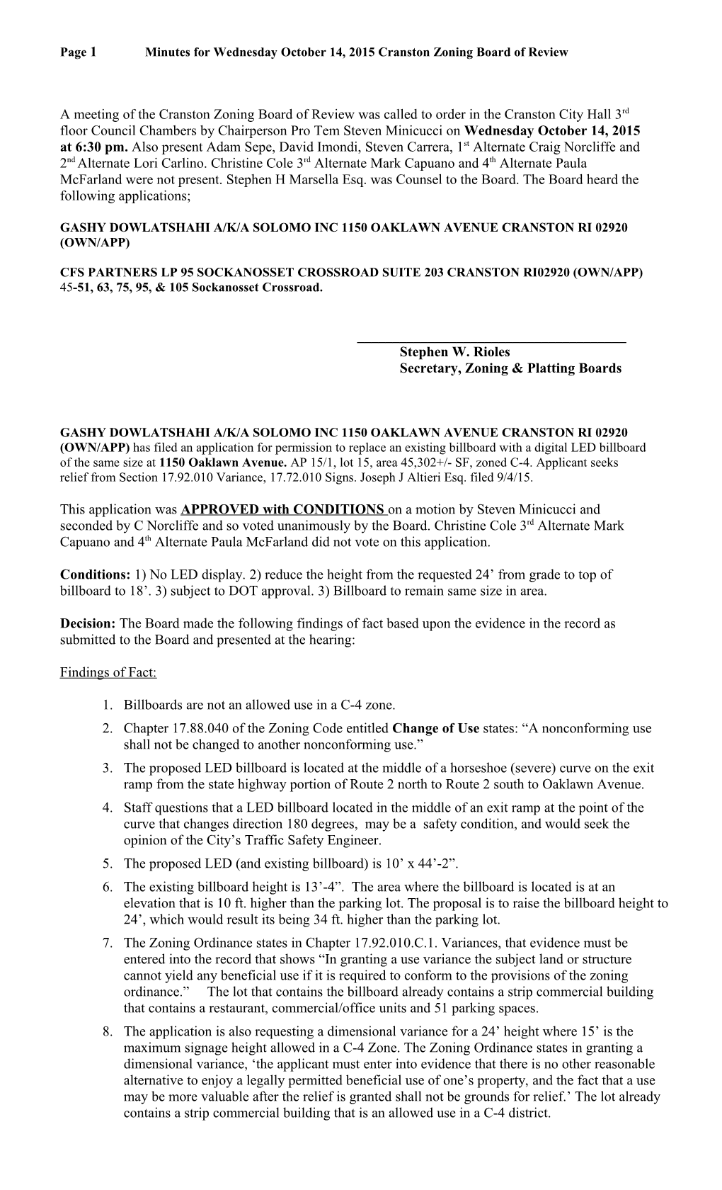 Page 1 Minutes for Wednesday October 14, 2015 Cranston Zoning Board of Review