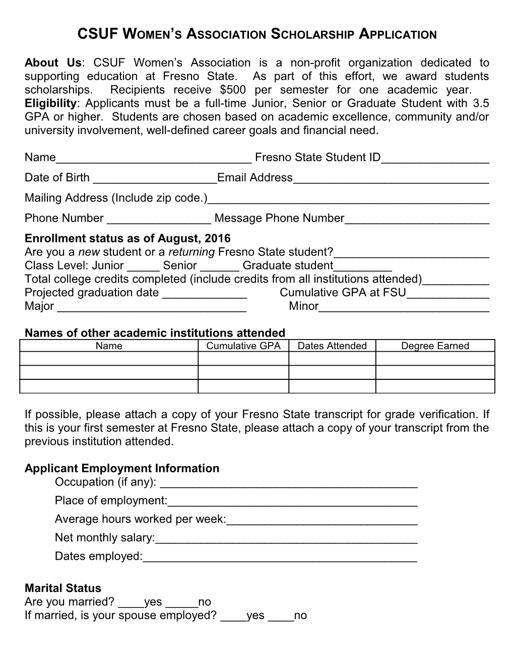 CSUF Women S Association Scholarship Application