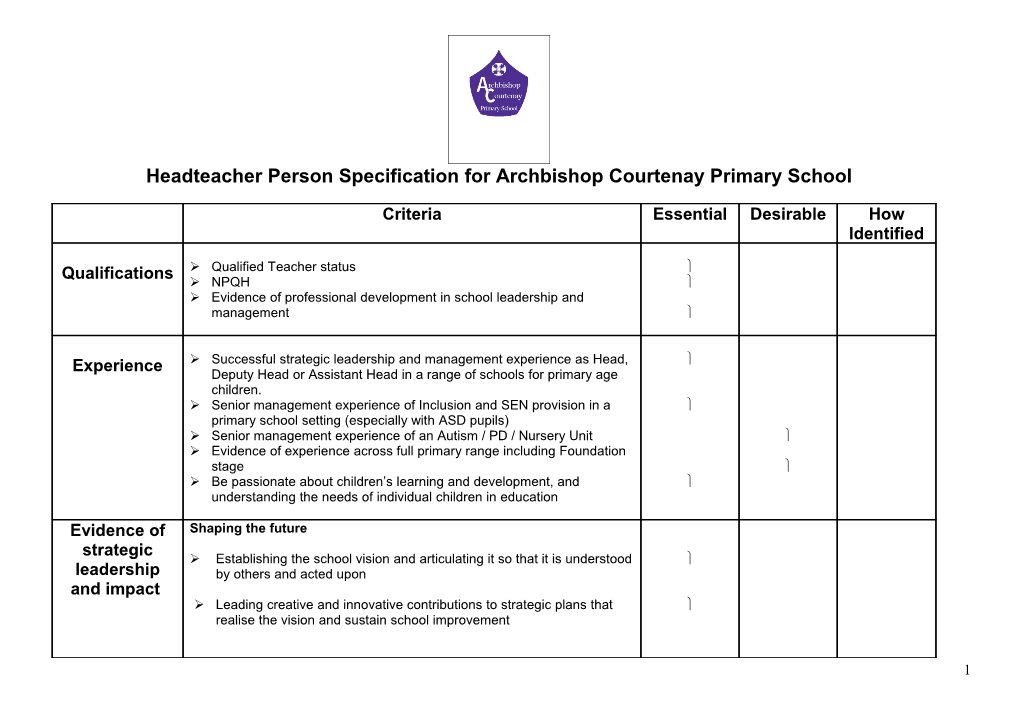 Hillary Primary School Headteacher Person Specification