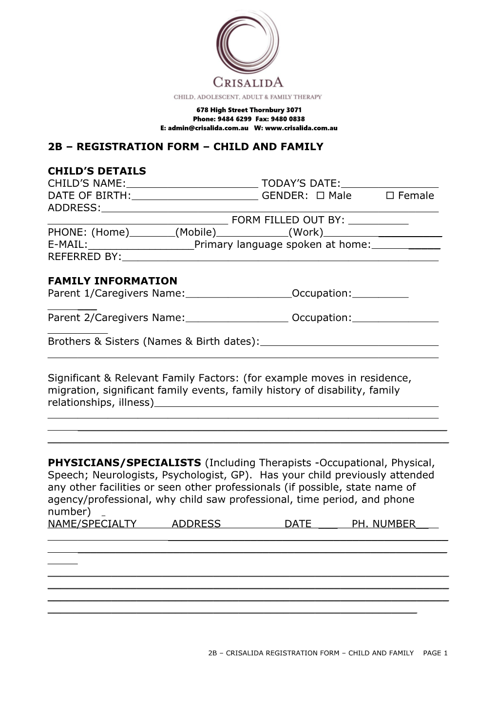 2B Registration Form Child and Family