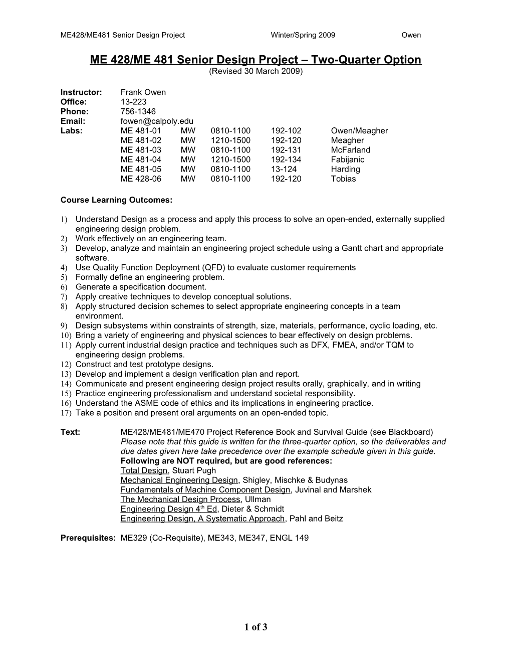 ME428/Me481senior Design Project Two-Quarter Option