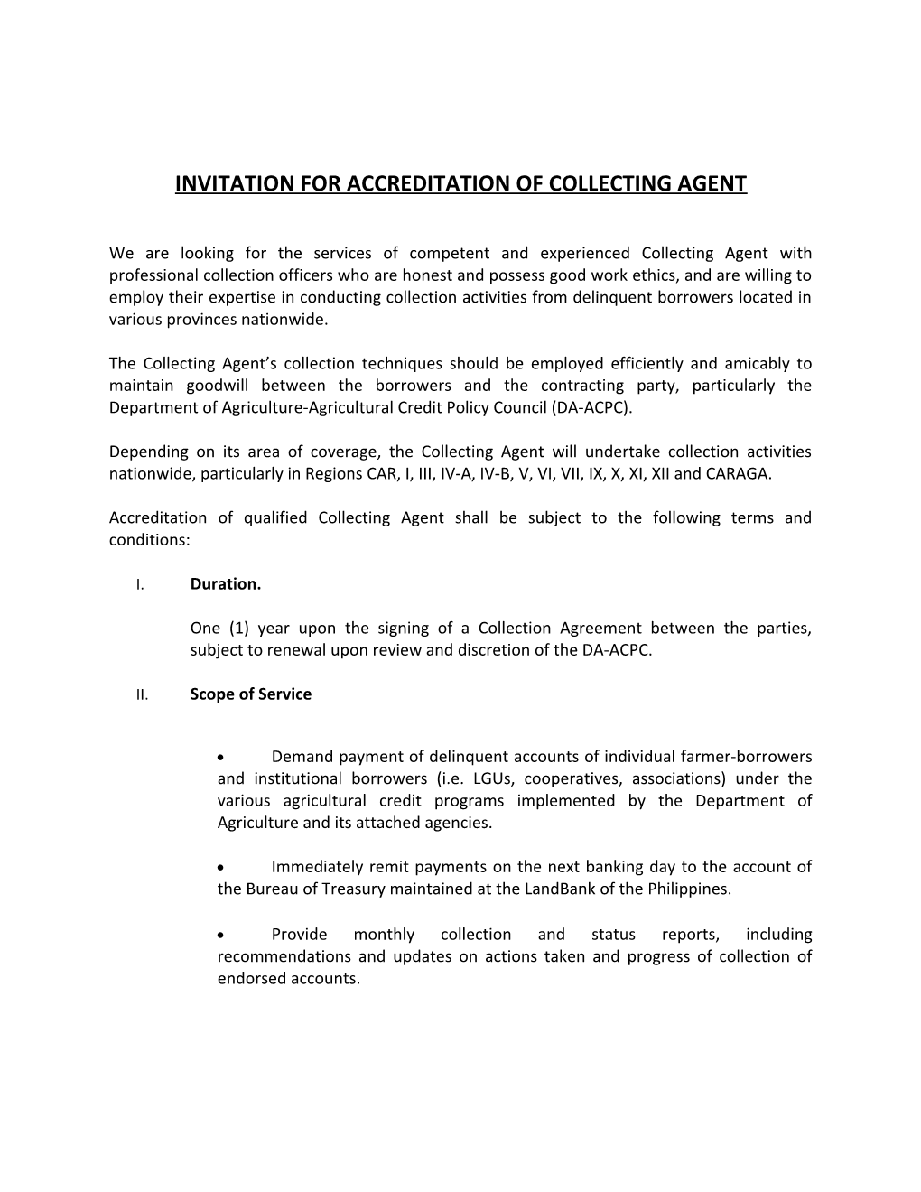 Invitation for Accreditation of Collecting Agent