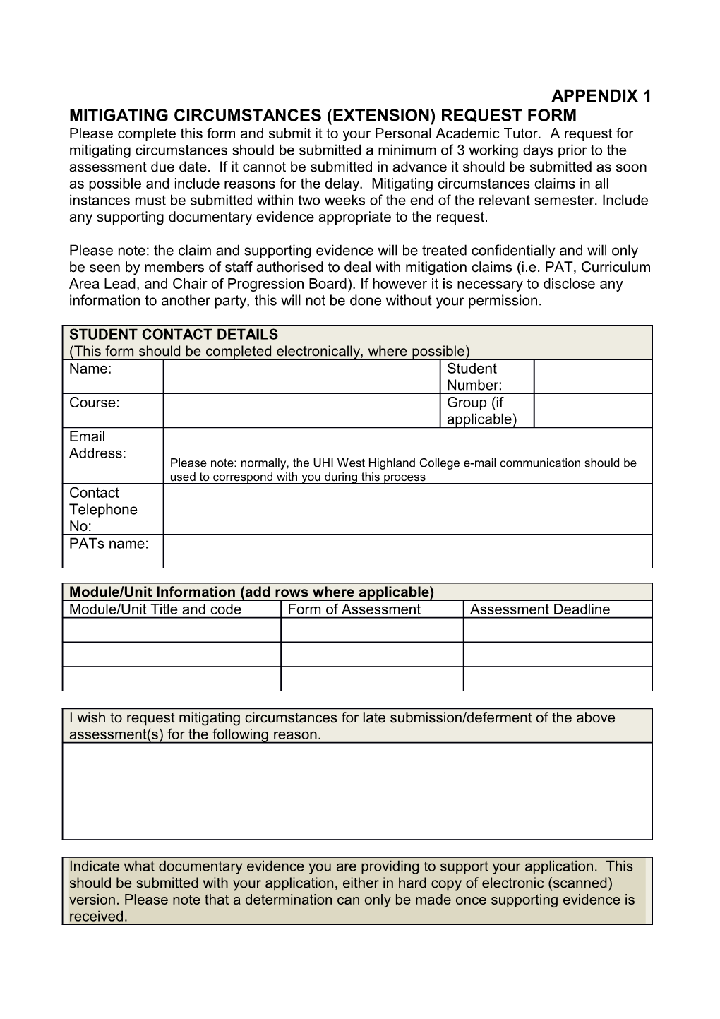 Mitigating Circumstances (Extension) Request Form