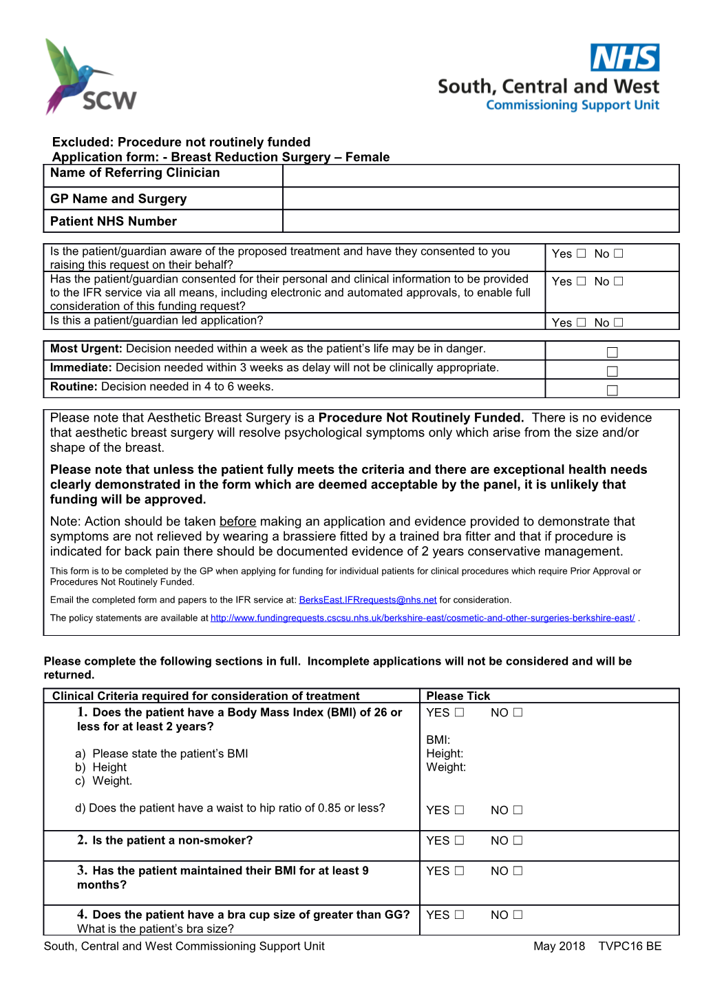 Excluded: Procedure Not Routinely Funded Application Form: - Breast Reduction Surgery Female