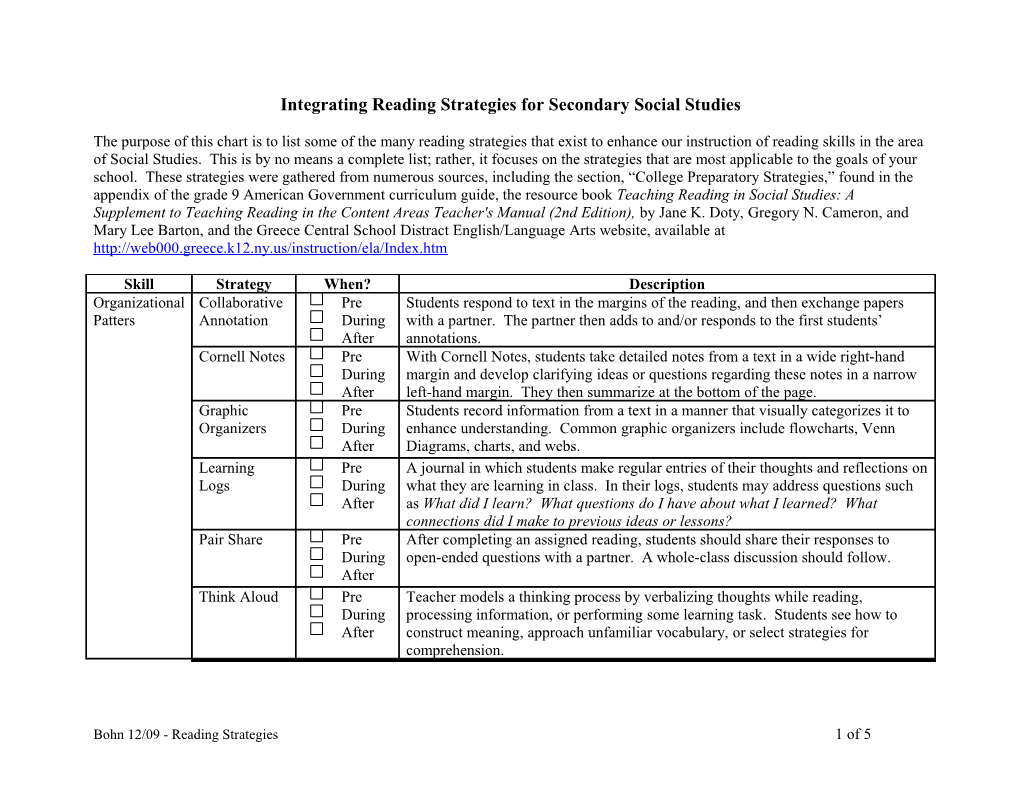Integrating Reading Strategies in the BCPS Middle School Social Studies Curricula