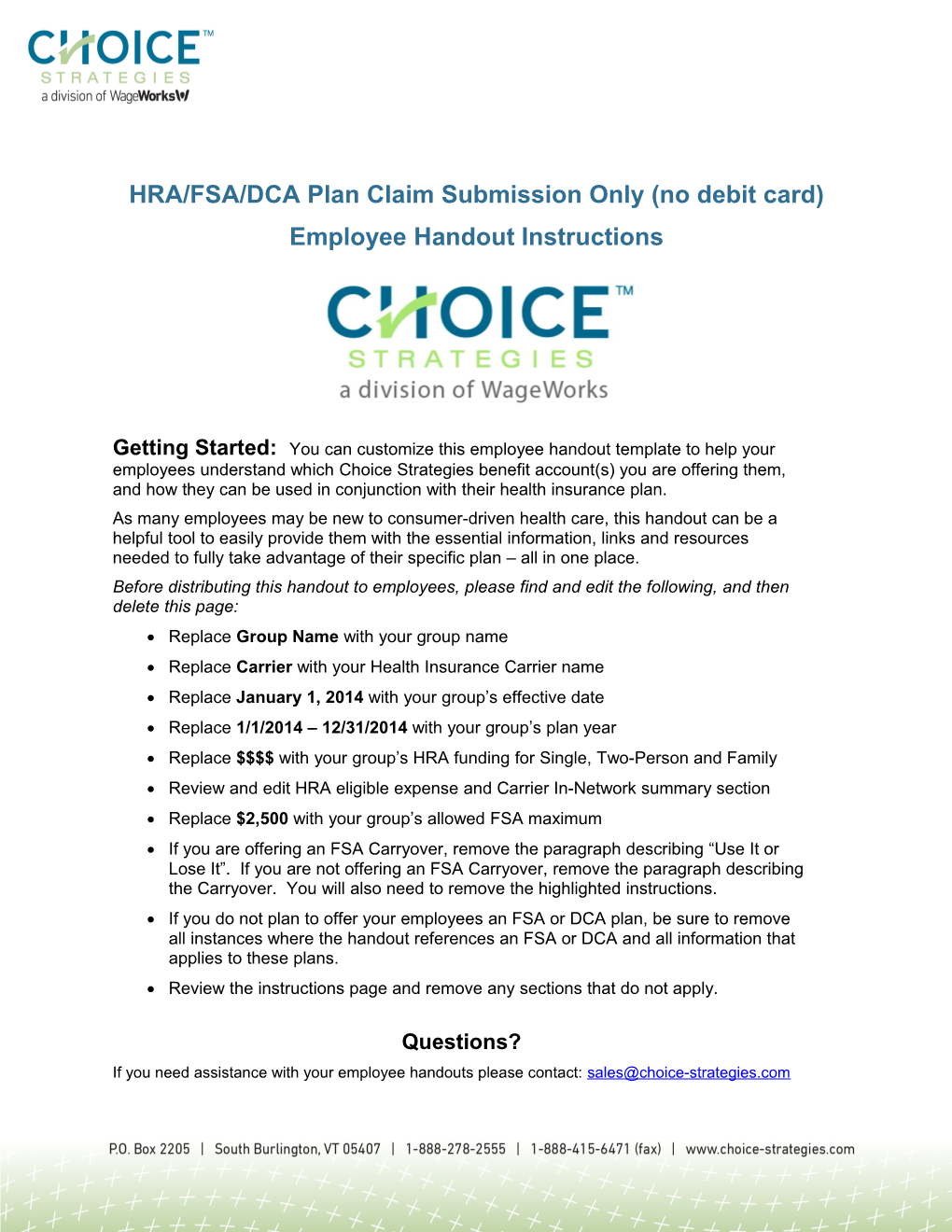 HRA/FSA/DCA Plan Claim Submission Only (No Debit Card)