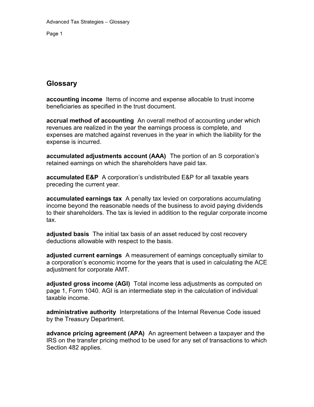 Advanced Tax Strategies Glossary