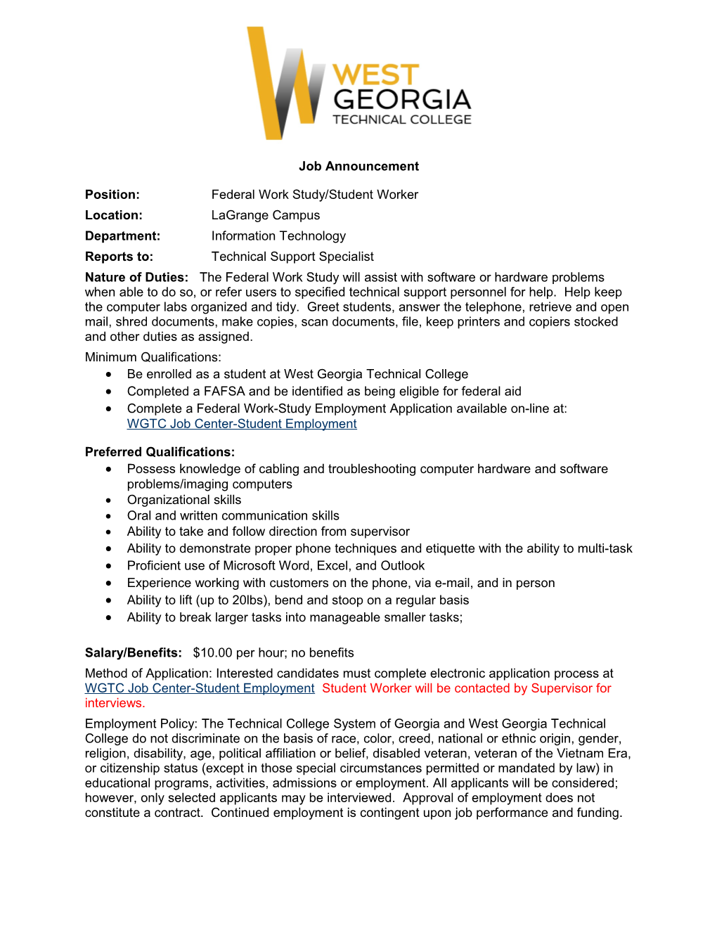 Position: Federal Work Study/Student Worker s1
