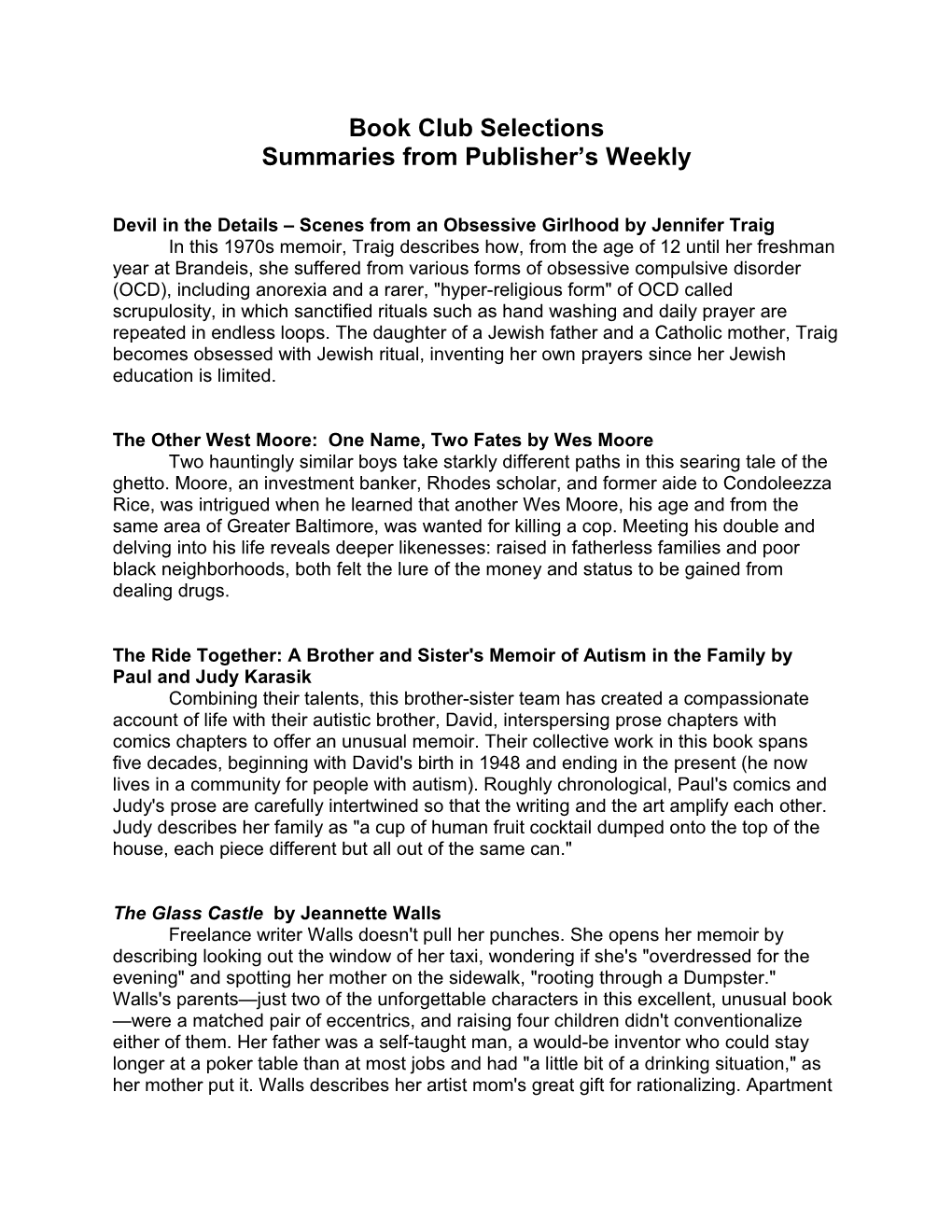 Summaries from Publisher S Weekly