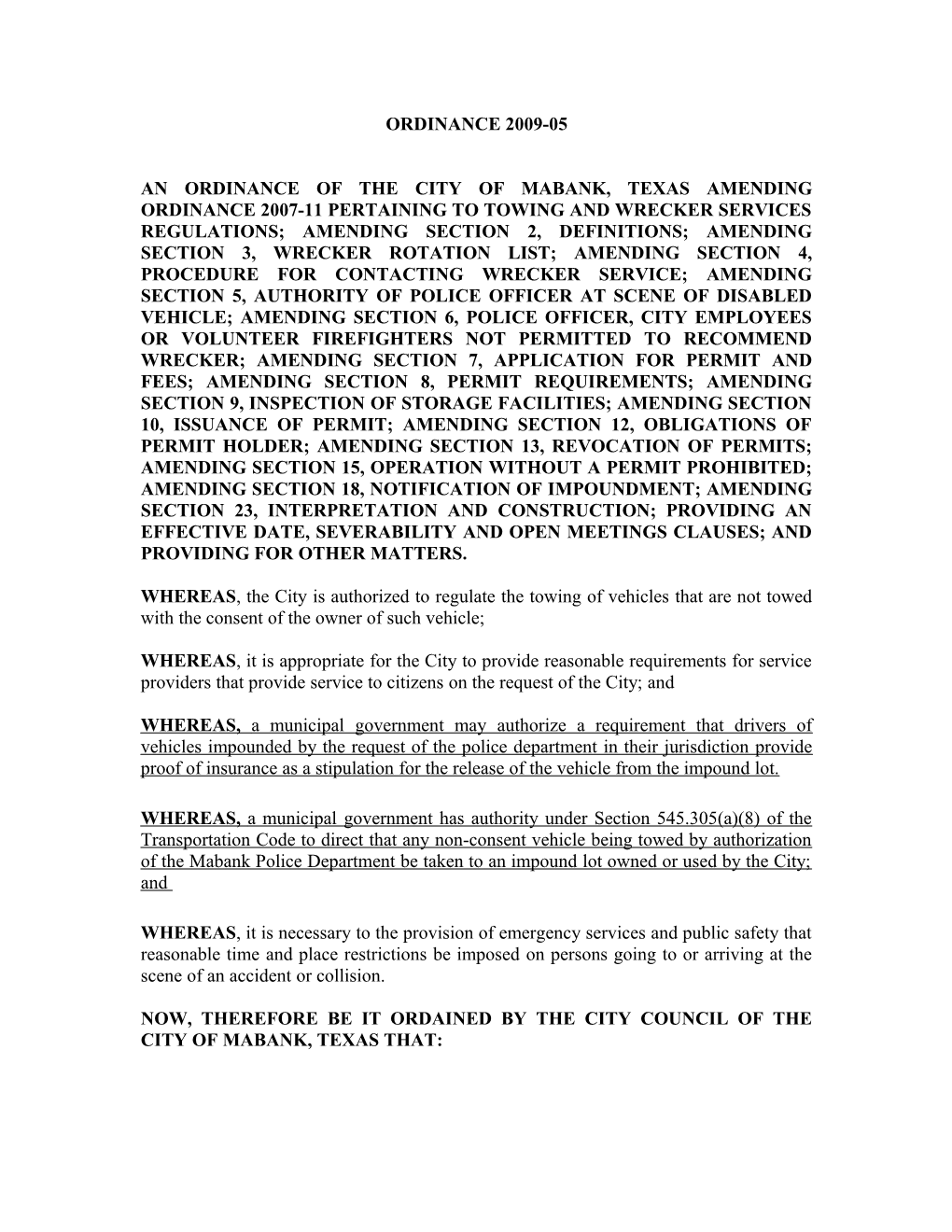 An Ordinance of the City of Mabank, Texas Amending Ordinance 2007-11 Pertaining to Towing
