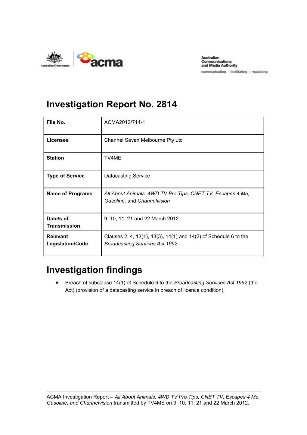 TV4ME - ACMA Investigation Report 2814