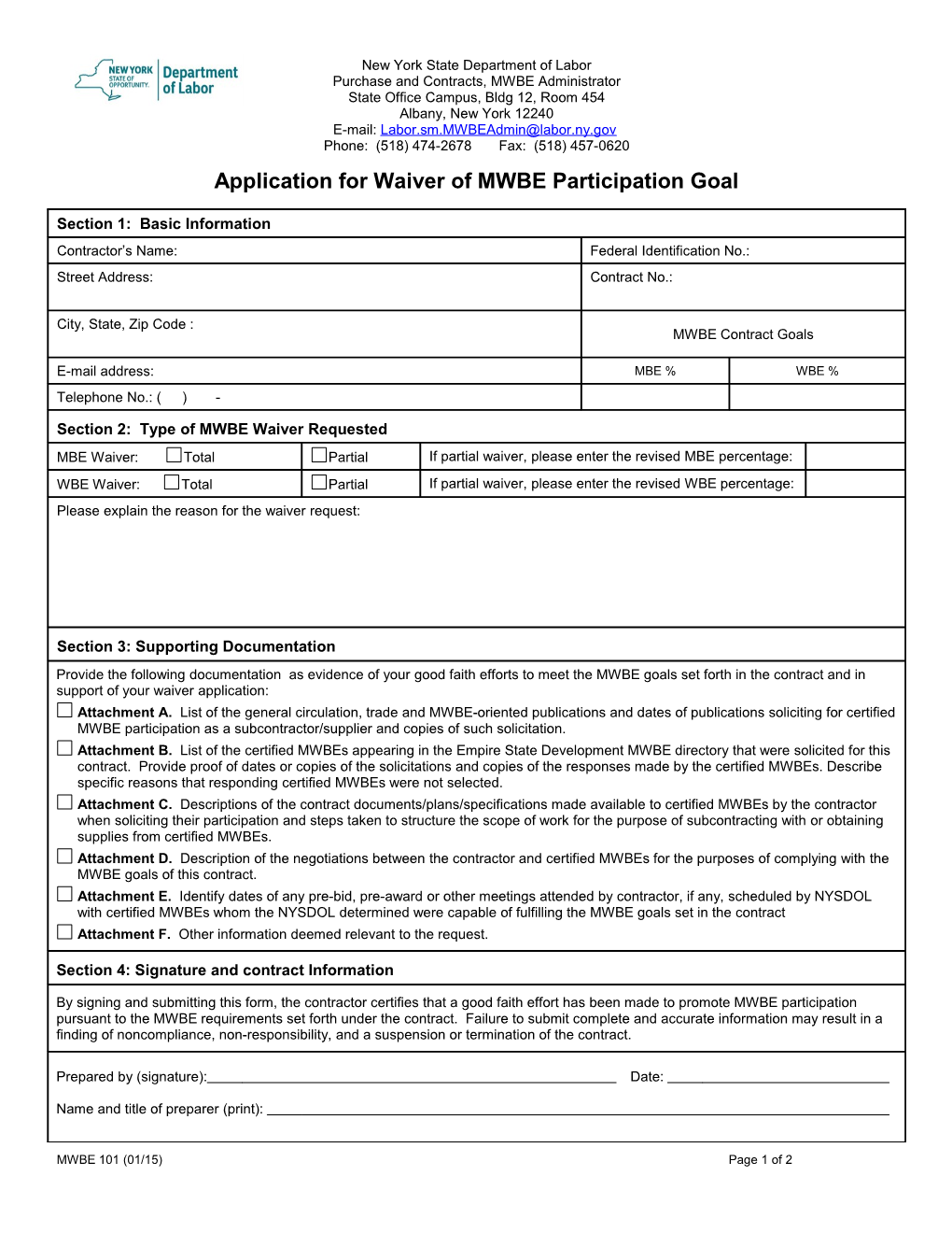 Appendix MWBE-5 - MWBE 101 Application for Waiver of MWBE Participation Goal