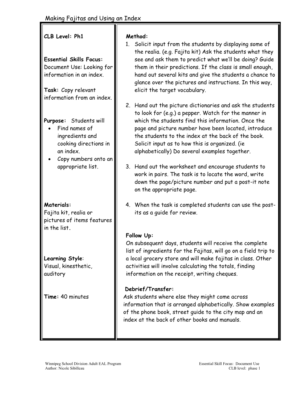 Making Fajitas and Using an Index