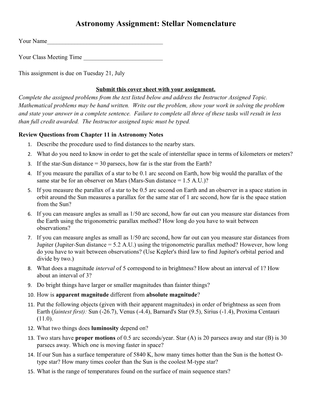 Astronomy Assignment: Stellar Nomenclature