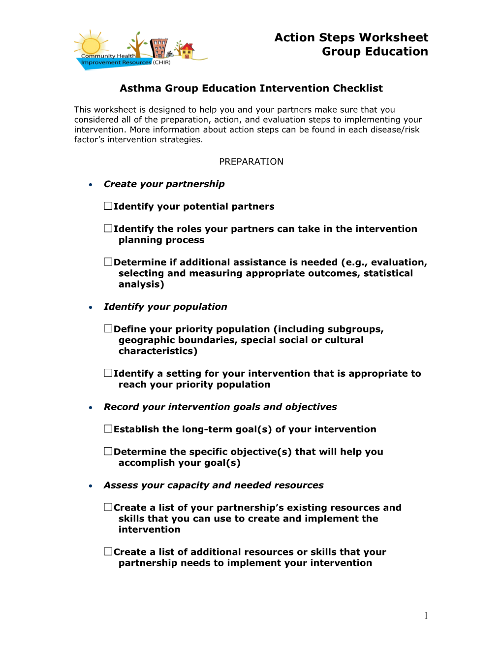 Asthma Group Education Intervention Checklist