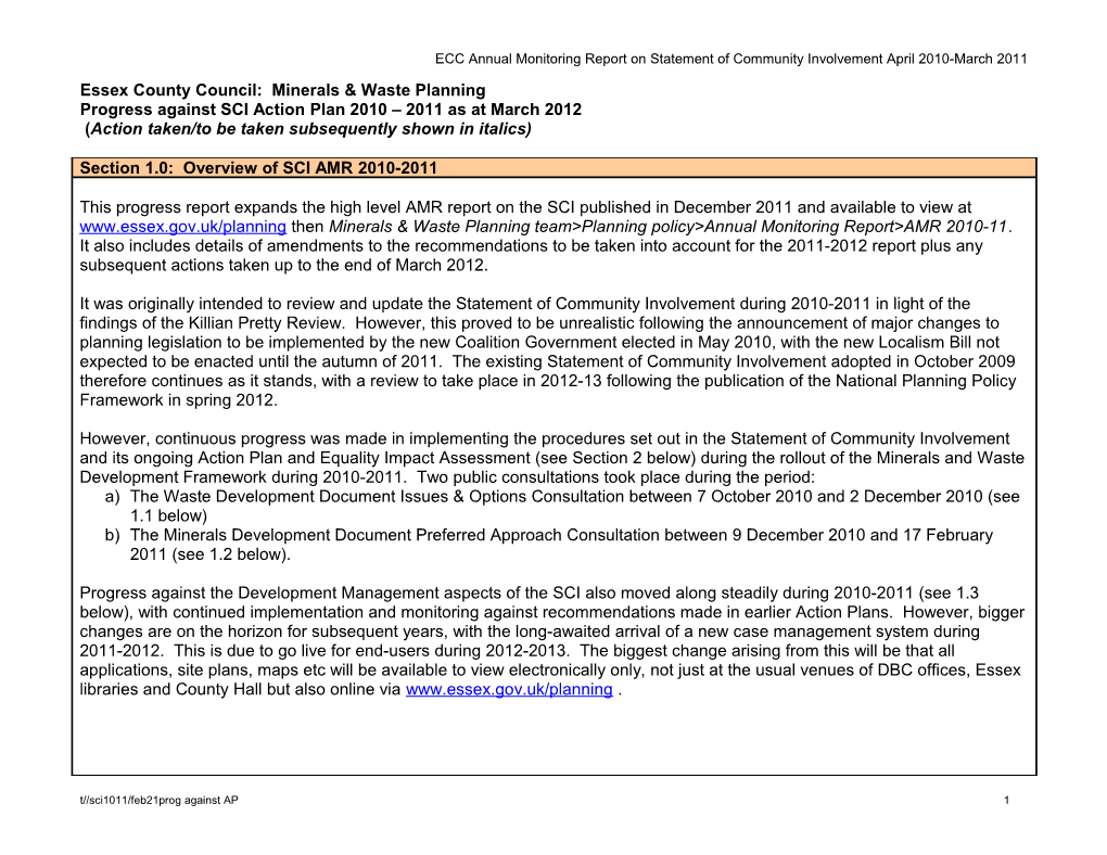 Progress Against SCI Action Plan 2009 2010