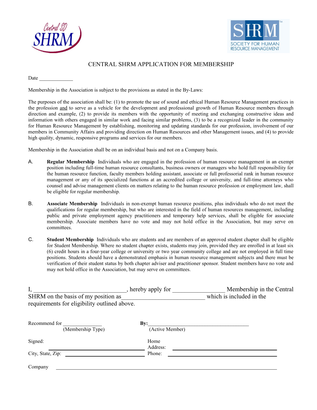Central Shrm Application for Membership