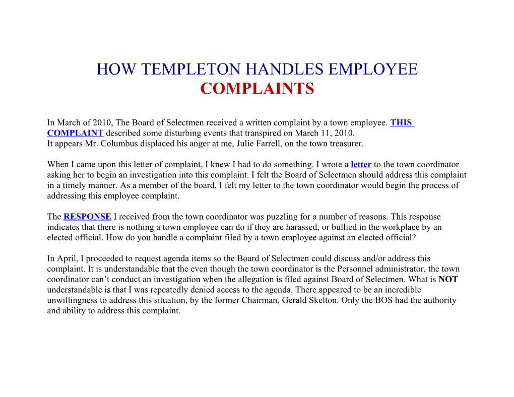 How Templeton Handles Employee Complaints