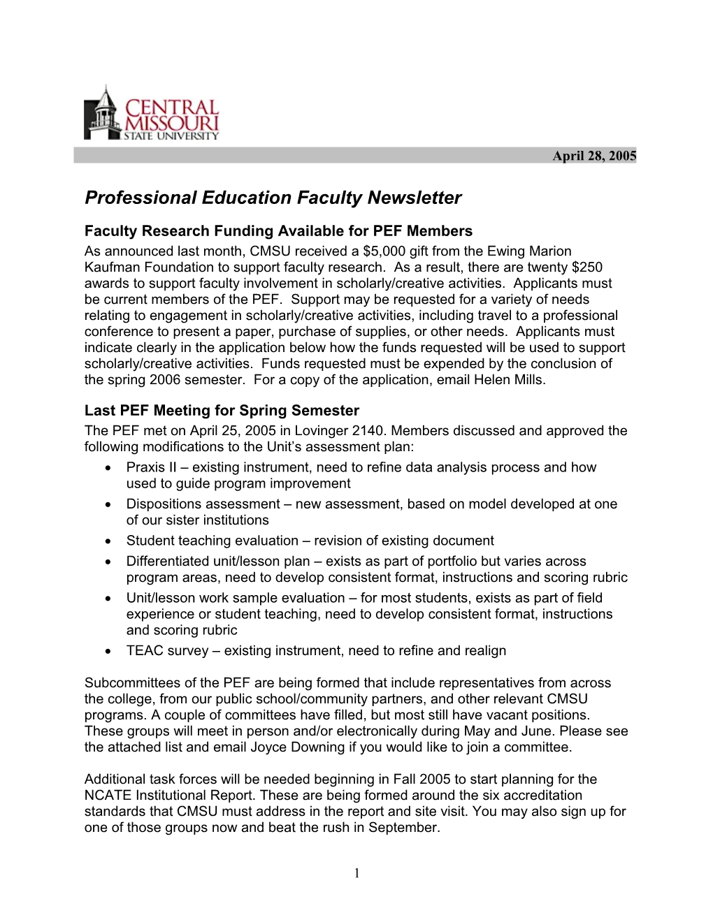 Professional Education Faculty Newsletter