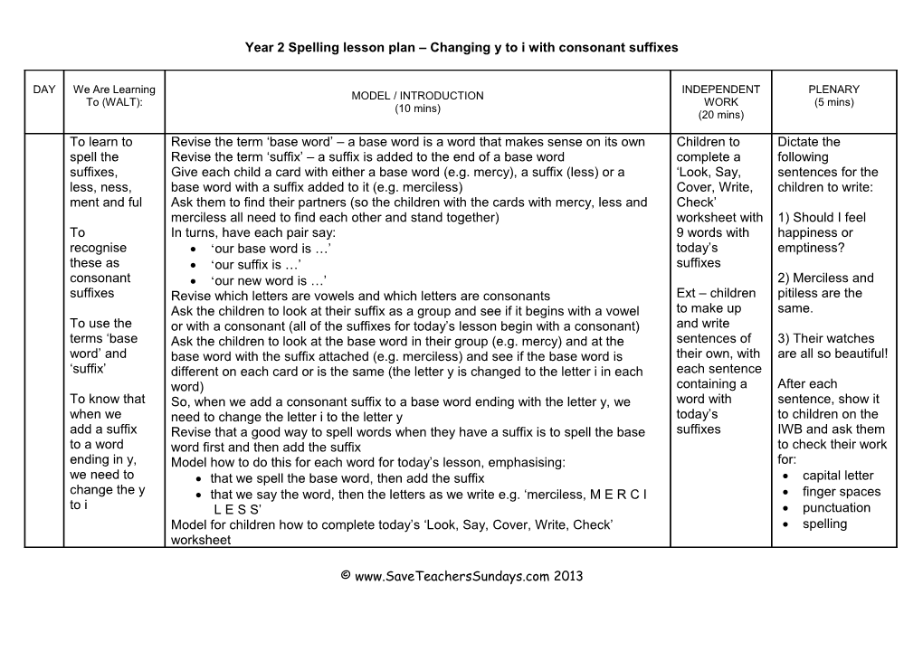 Year 2 Spelling Changing Y to I (Consonant Suffixes) Lesson Plan