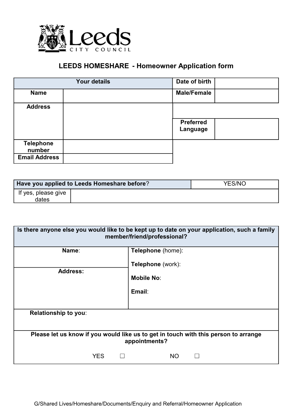 LEEDS HOMESHARE - Homeowner Application Form