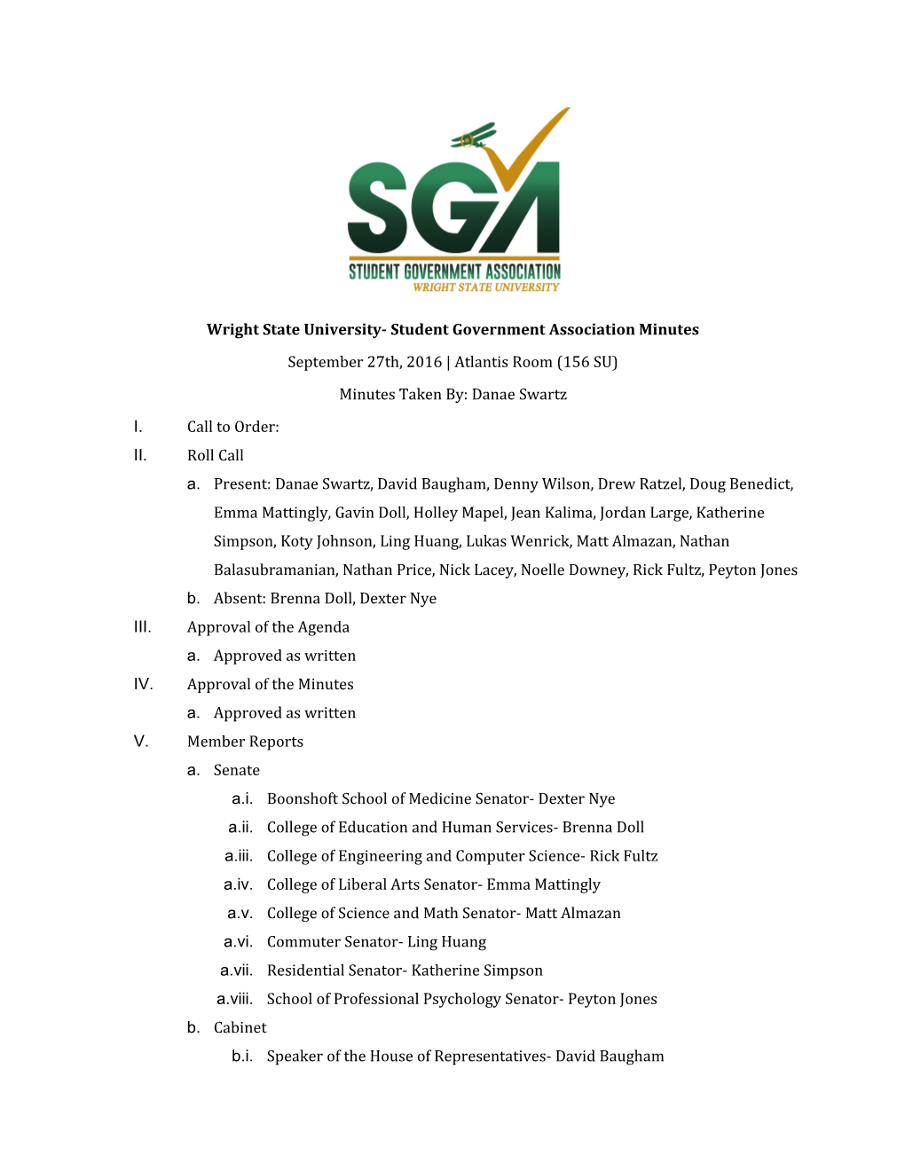 Wright State University- Student Government Association Minutes