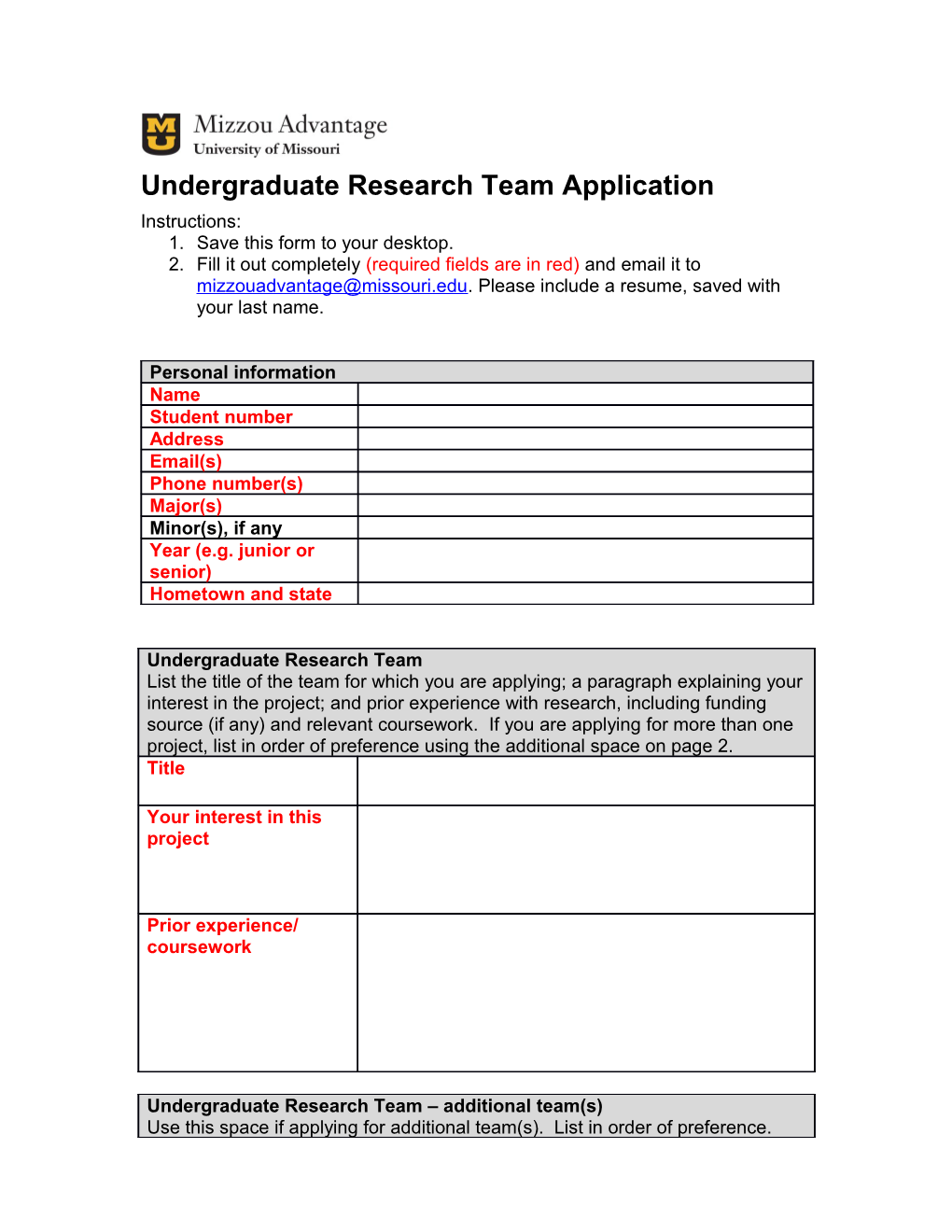 Undergraduate Research Team Application