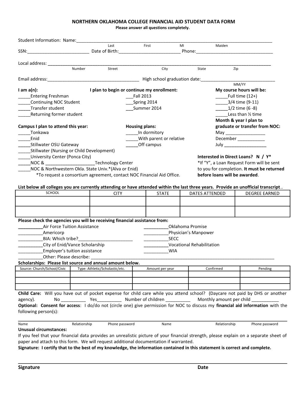 Northern Oklahoma College Financial Aid Student Data Form