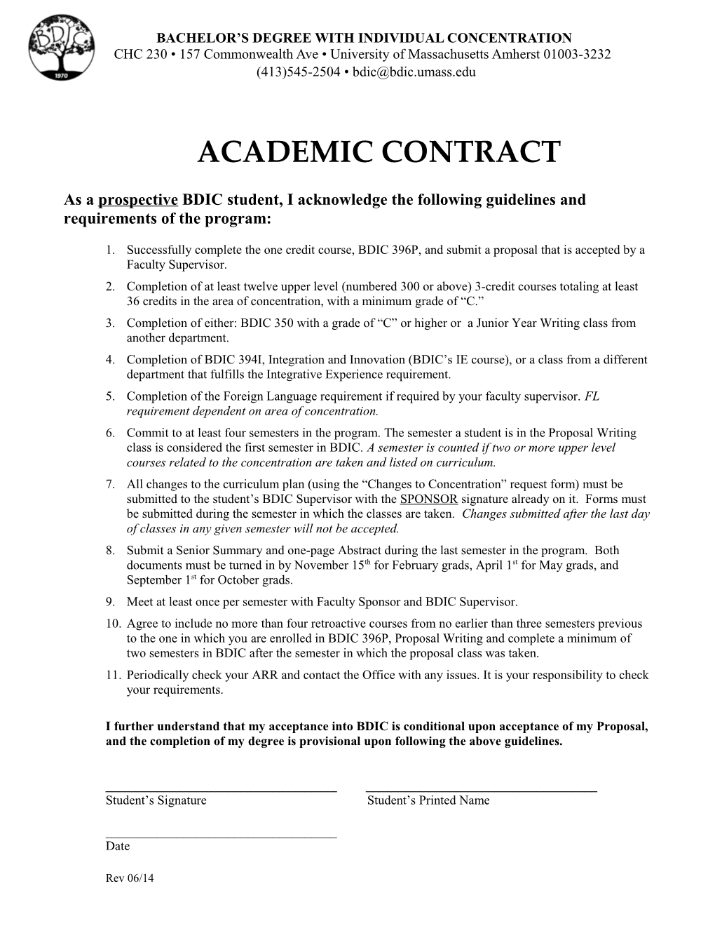 Bachelor S Degree with Individual Concentration Academic Contract