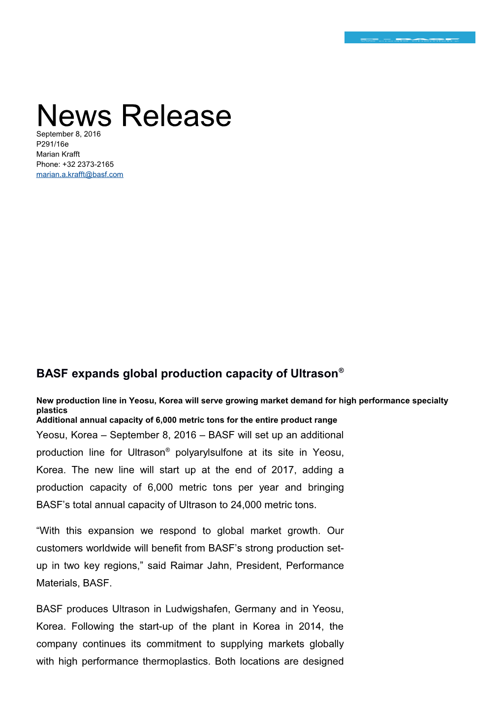 BASF Expands Global Production Capacity of Ultrason