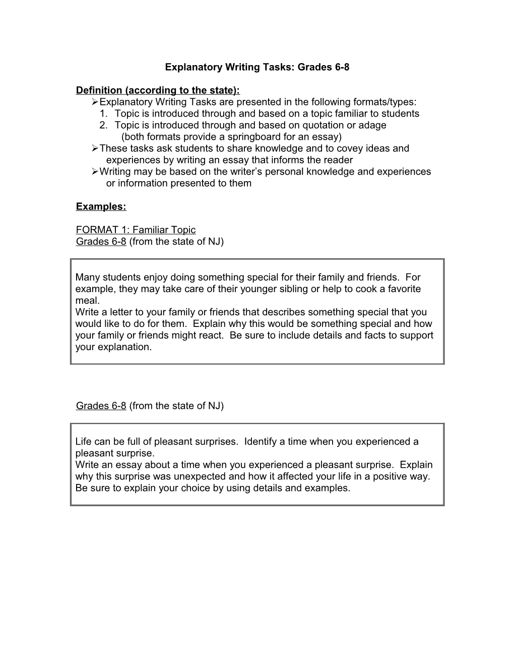 Explanatory Writing Tasks: Grades 6-8