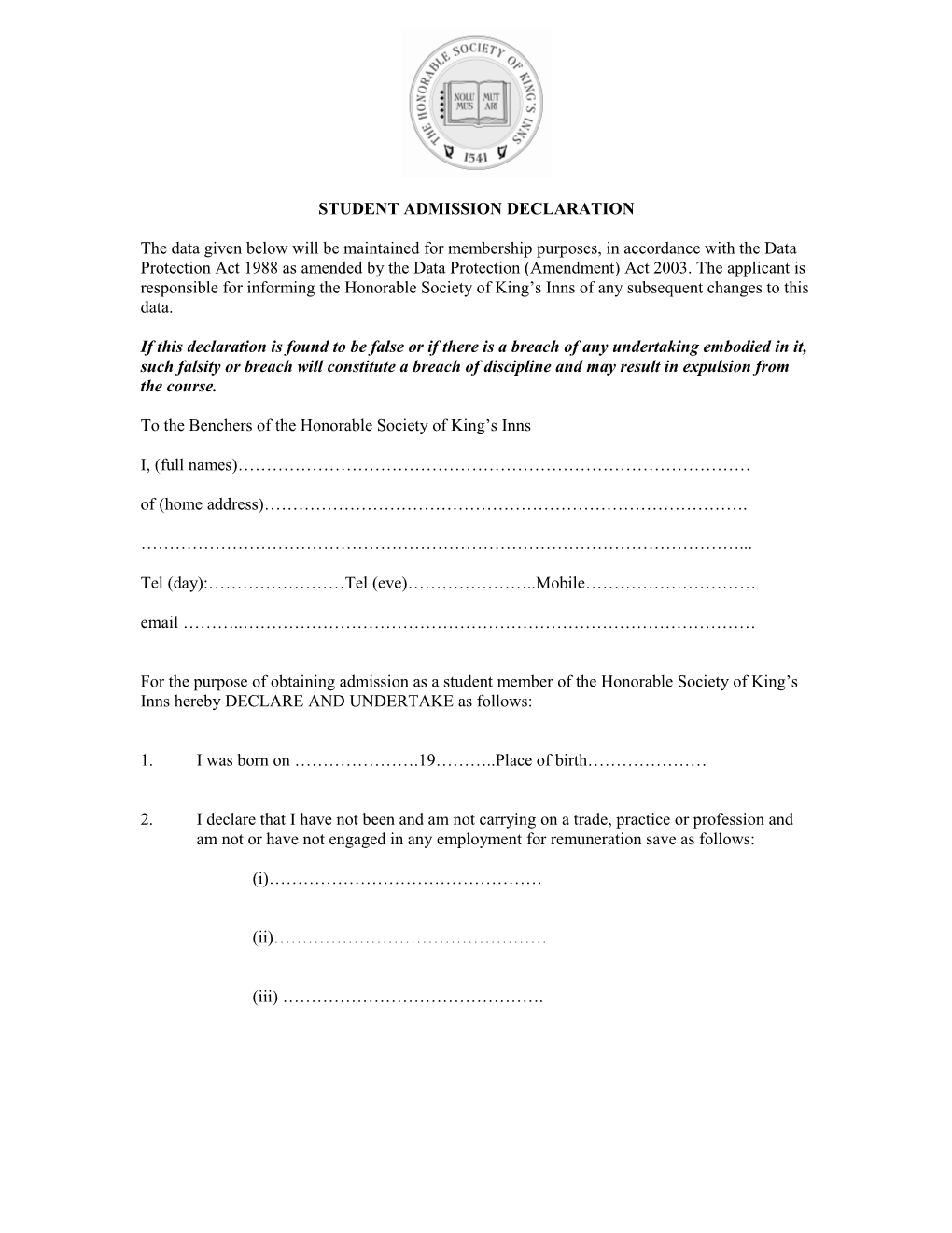 Application Form for Admission As a Student of the Inner Temple