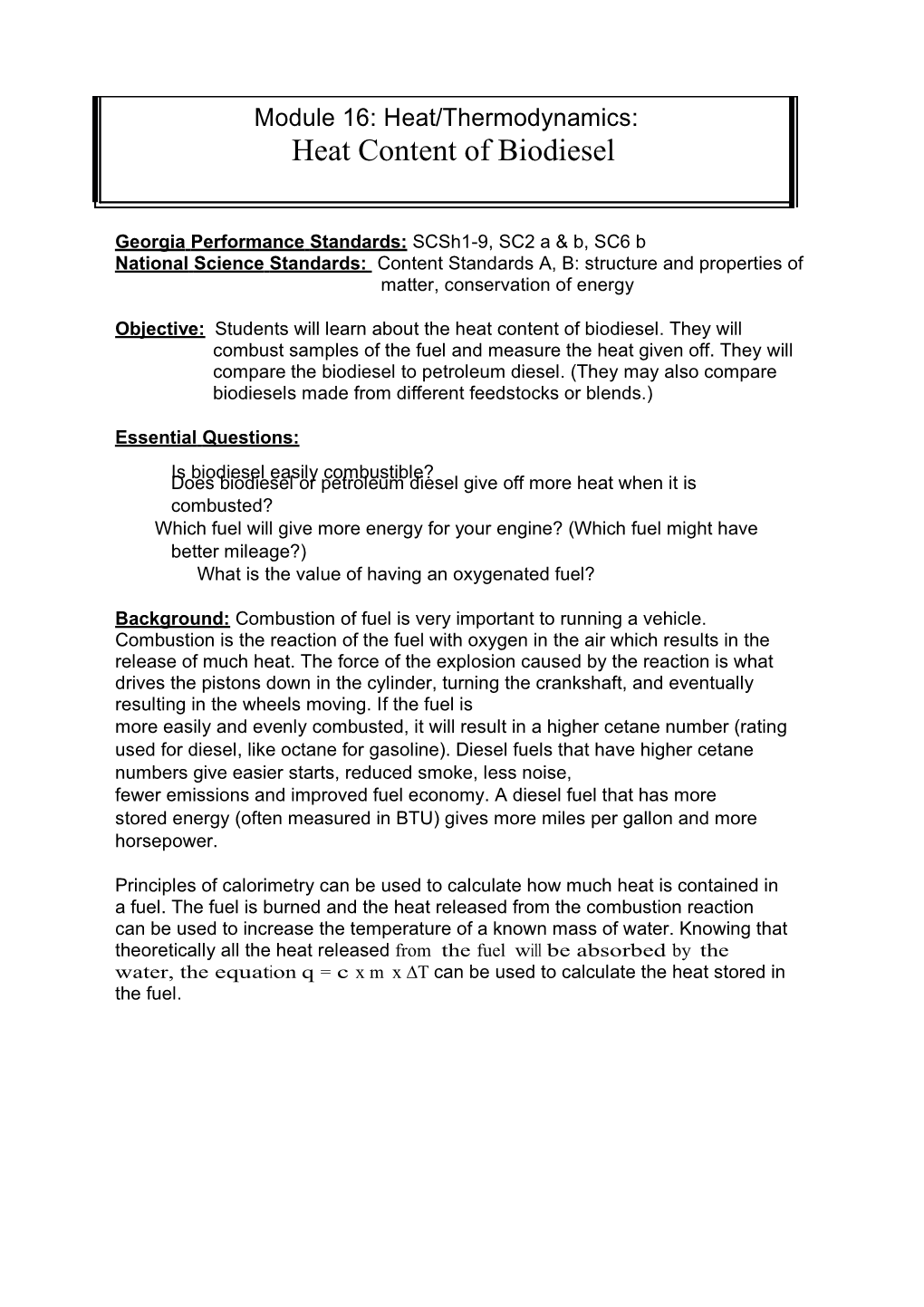 Biodiesel Lessons and Labs