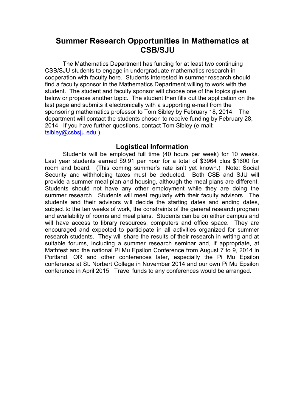 Summer Research Opportunities in Mathematics at CSB/SJU