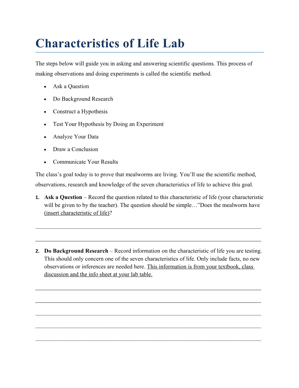 Characteristics of Life Lab