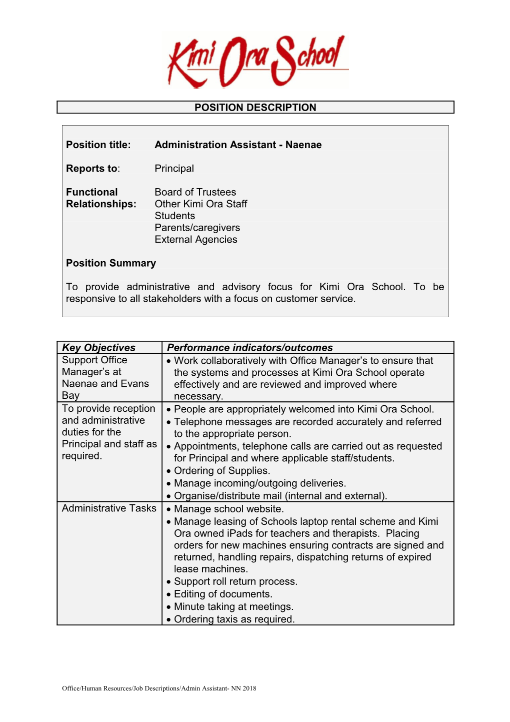 Position Title: Administration Assistant - Naenae
