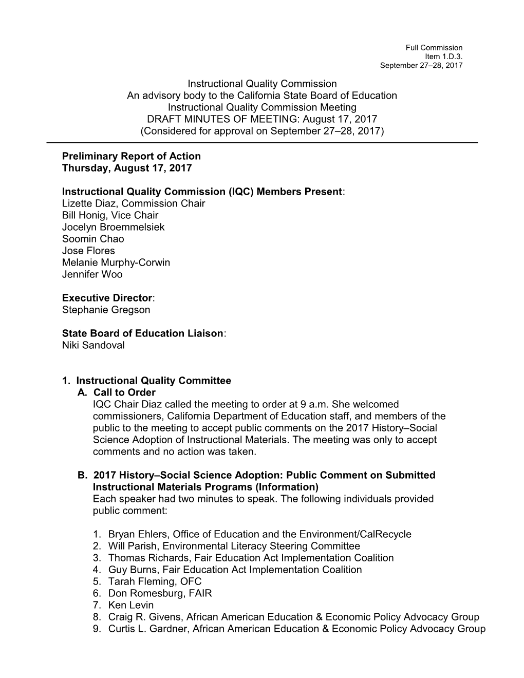August 17, 2017 IQC Meeting Minutes - Instructional Quality Commission (CA Dept of Education)