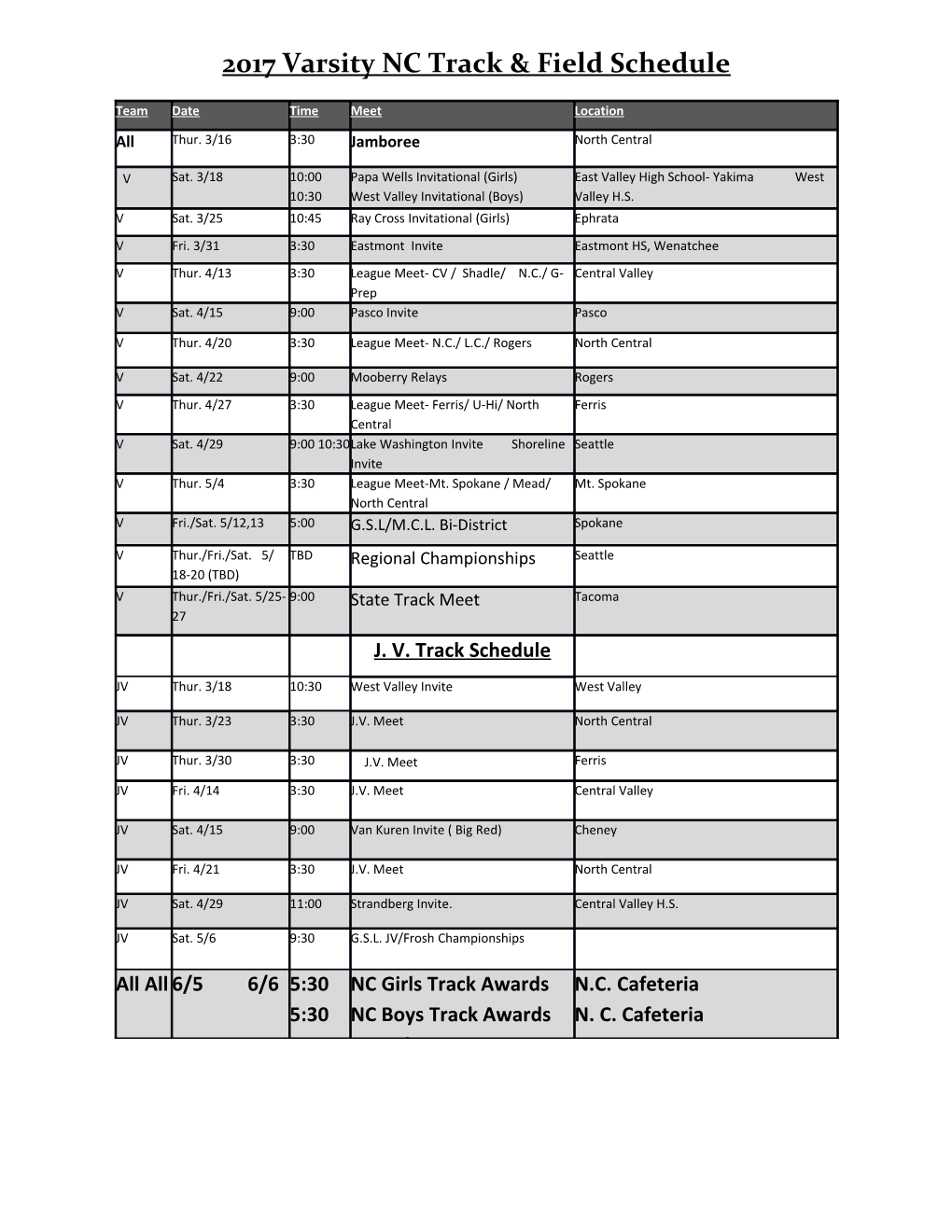 2017 Varsity NC Track & Field Schedule