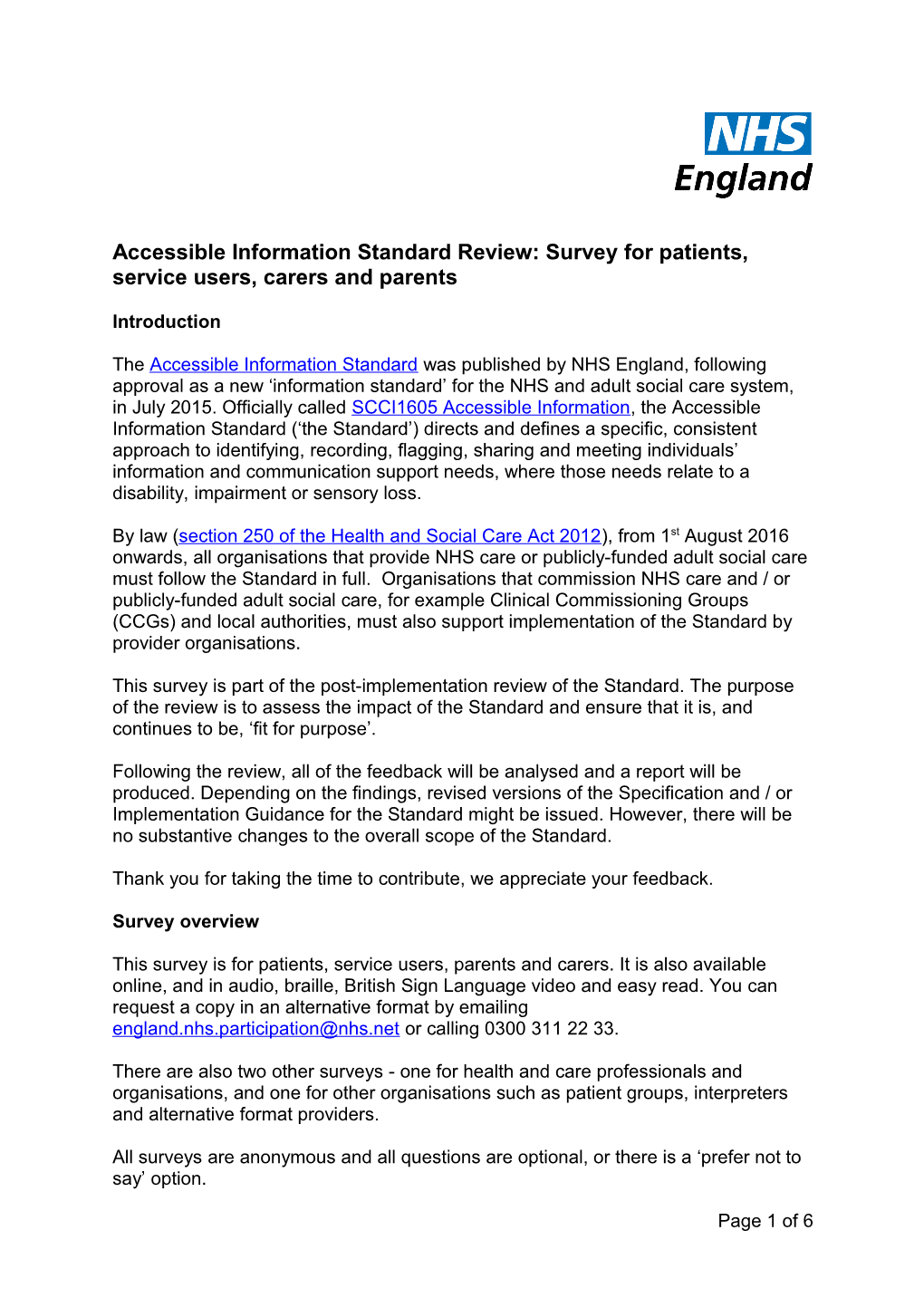 Accessible Information Standard Review: Survey for Patients, Service Users, Carers and Parents