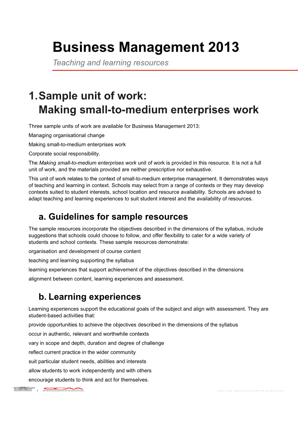 Business Management (2013) Teaching And Learning Resources: Sample Unit Of Work - Making Small-To-Medium Enterprises Work