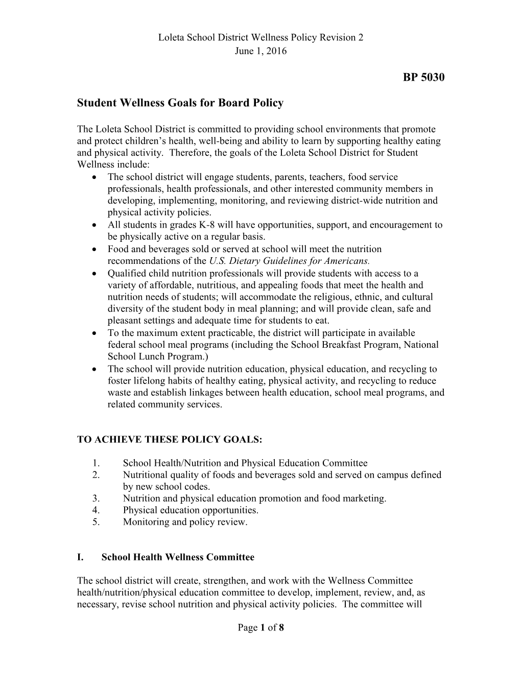 Loleta School District Wellness Policy Revision 2