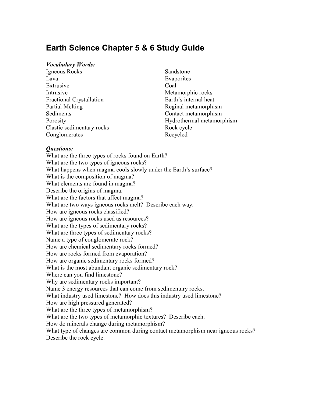 Earth Science Chapter 5 & 6 Study Guide