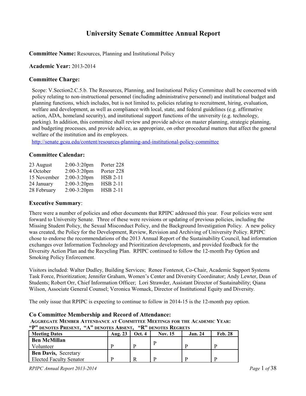 University Senate Committee Annual Report