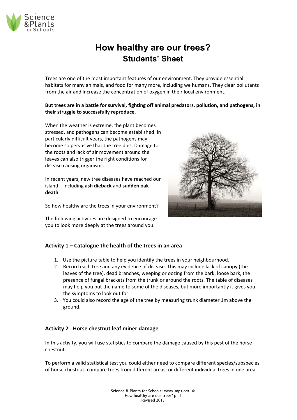 How Healthy Are Our Trees? Students Sheet