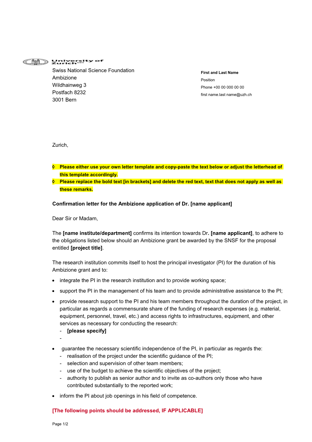 Confirmation Letter for the Ambizione Application of Dr. Name Applicant