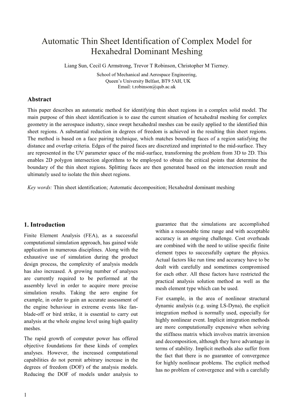 Automatic Thin Sheet Identification of Complex Model for Hexahedral Dominant Meshing