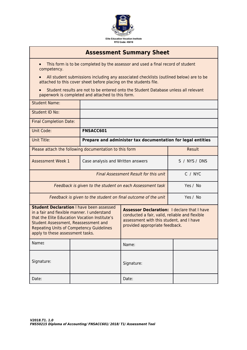 This Form Is to Be Completed by the Assessor and Used a Final Record of Student Competency