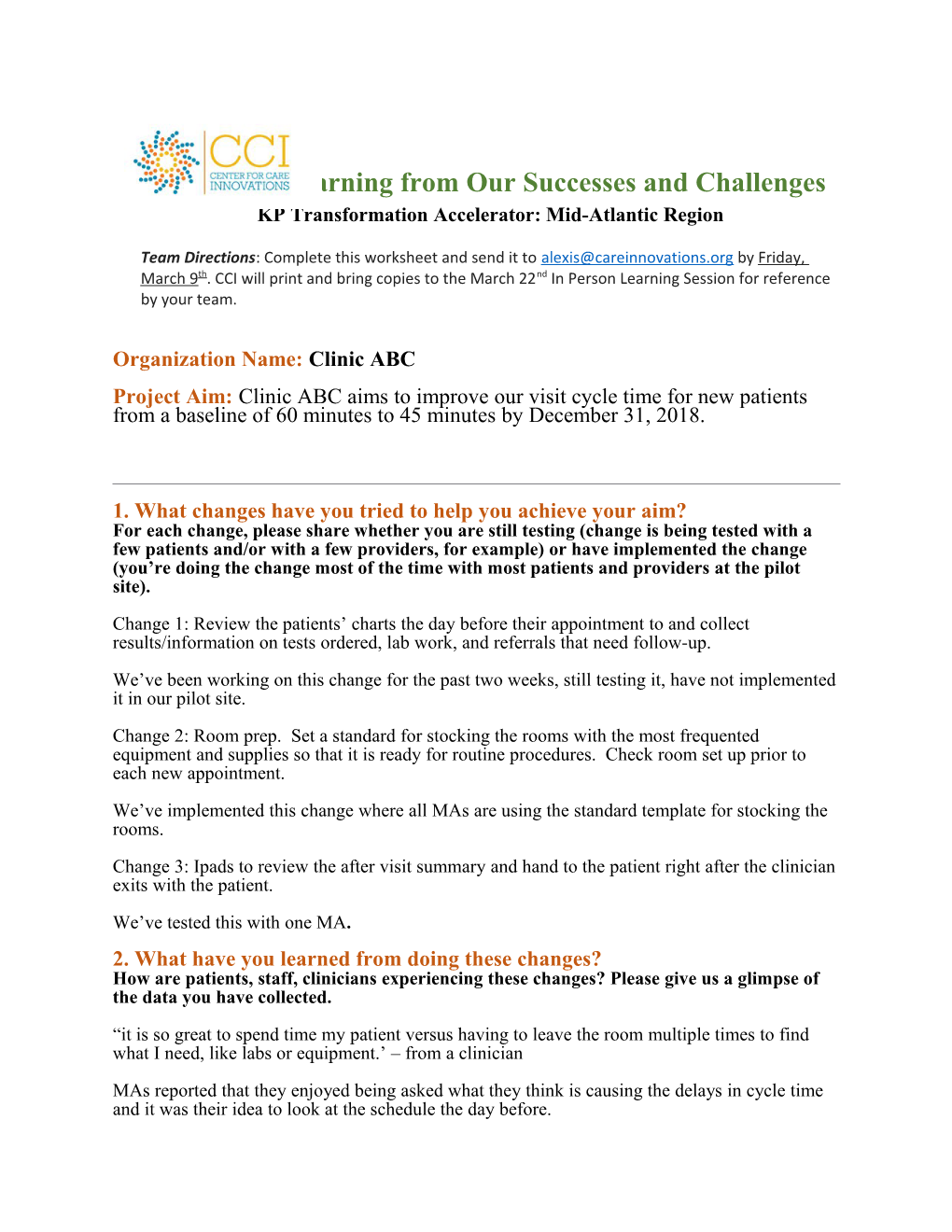 Worksheet Learning from Our Successes and Challenges